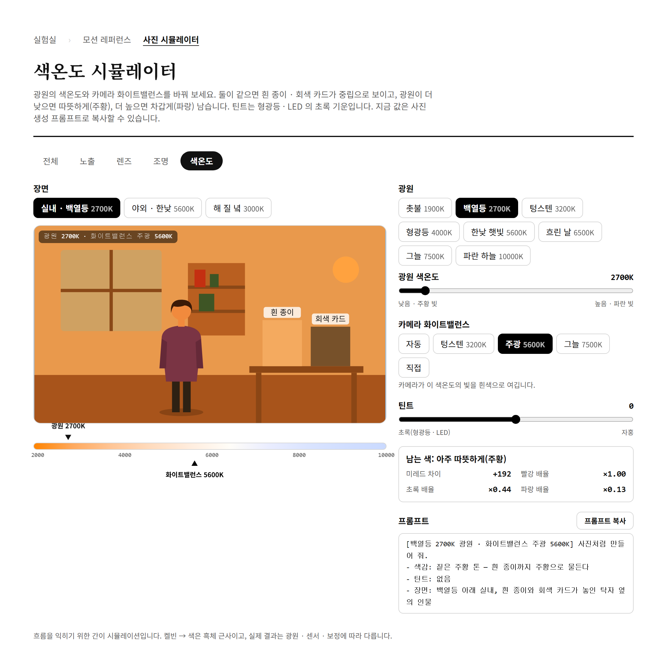 색온도 시뮬레이터, 백열등 아래를 주광 화이트밸런스로 찍은 모습